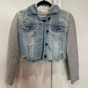 Custom denim jacket - distressed denim with grey quilted fabric sleeves and hood